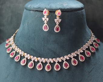 Risha Ruby CZ Amerikaanse diamanten ketting set, Indiase sieraden