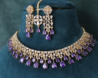 Set di collana con diamanti americani e zirconi cubici color lavanda: gioielli placcati in oro