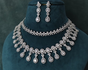 Two Layer CZ Necklace Set: White Rhodium Plated Indian Jewelry