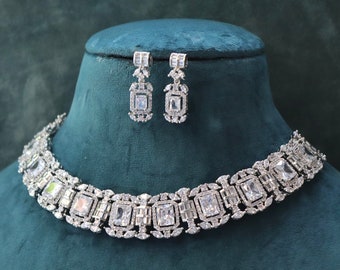 CZ Diamond Choker Necklace Set: 18K Rhodium Indian Jewelry
