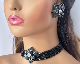 Black Choker Necklace & Stud Earrings: American Diamond Indian Jewelry