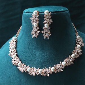 Rose Gold Pearl CZ Necklace Set: Indian Wedding Jewelry
