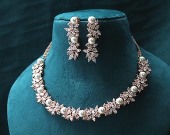 Judy Rose Gold Pearl CZ Necklace Set: Indian Wedding Jewelry