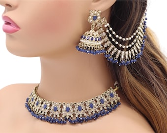 Conjunto de joyería nupcial india Jiva Blue Polki, pendientes Jhumka, Tikka