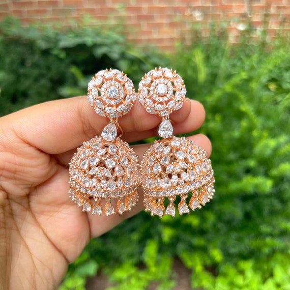 Gold Diamond Earrings Rose Gold Jhumka Earrings Rose Gold CZ