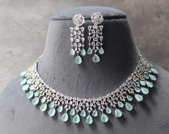 Mint CZ Necklace and Earrings Set, White Rhodium Plated Brass, Adjustable Chain