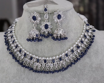 Chokerketting met blauwe polki: Indiase zilveren sieradenset