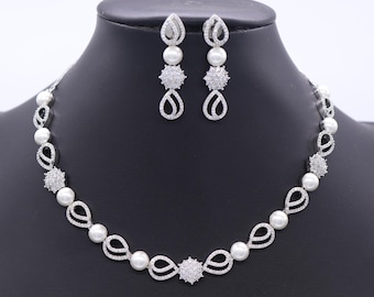 CZ Pearl Necklace Set: Dainty Rhodium Plated Jewelry