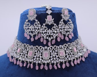 Pari Pink CZ American Diamond Choker Necklace Set: Indian Jewelry