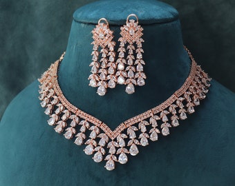 Rose Gold CZ Necklace Set: Indian Bridal Jewelry
