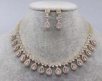 Risha Pink Gold CZ Necklace- American Diamond Necklace
