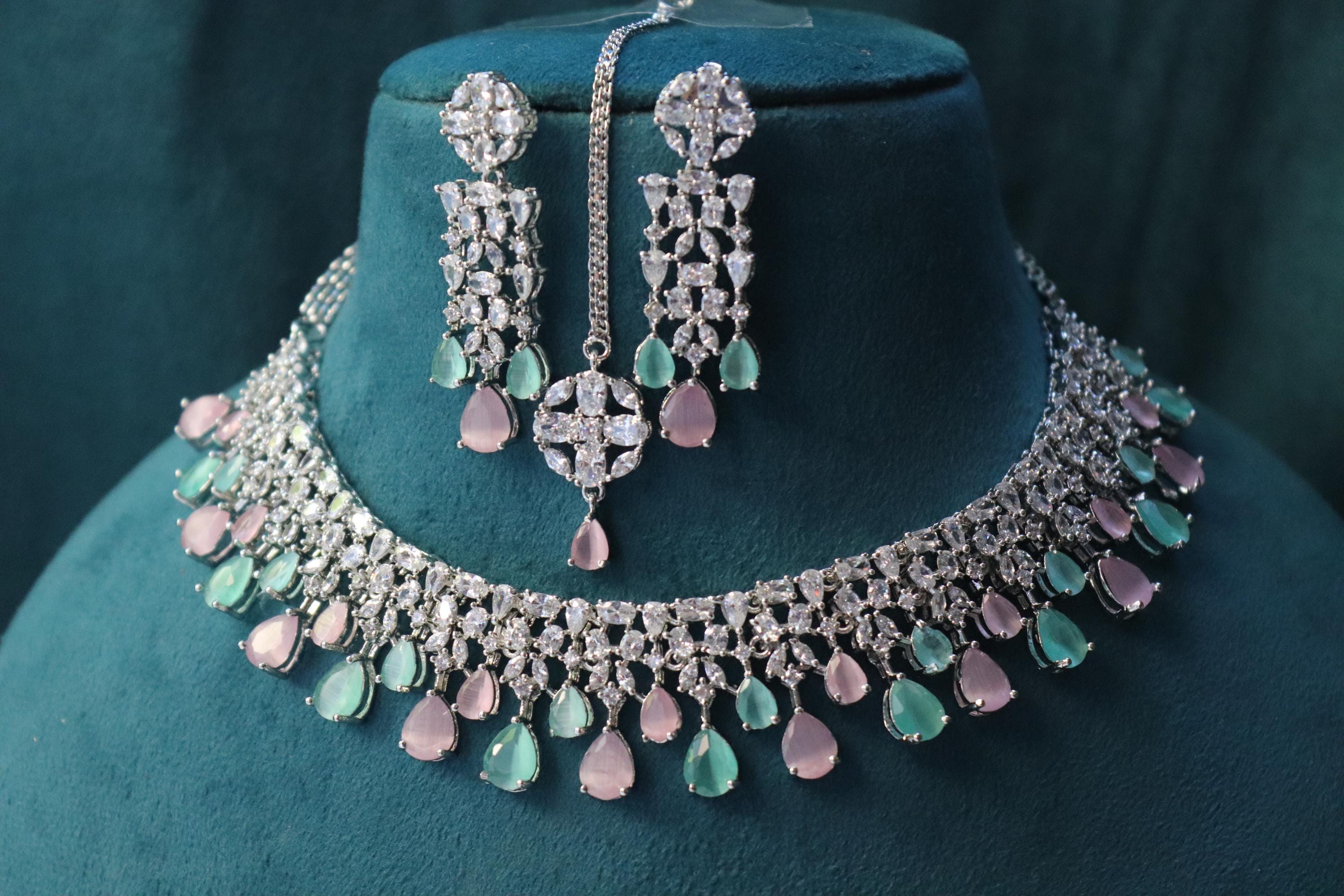 Mint Pink CZ Choker Necklace Set With Earrings & Tikka - Etsy