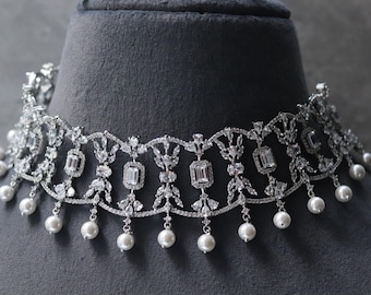 CZ Pearl Choker Necklace Set: White Rhodium Plated Indian Jewelry
