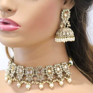 Gold Polki Choker Set: Indian Kundan Necklace with Jhumka Tikka