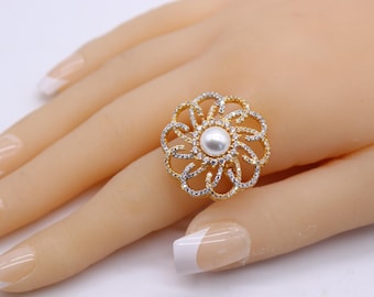 Gold Plated Pearl CZ Ring: Adjustable Silver Band Statement Ring