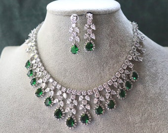 Emerald Green CZ Necklace Set: Indian Bollywood Jewelry