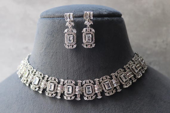 American Diamond Choker Necklace Set: 18K Rhodium Plated Indian Jewelry