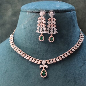 Emerald Green CZ Rose Gold Necklace Set: American Diamond Jewelry