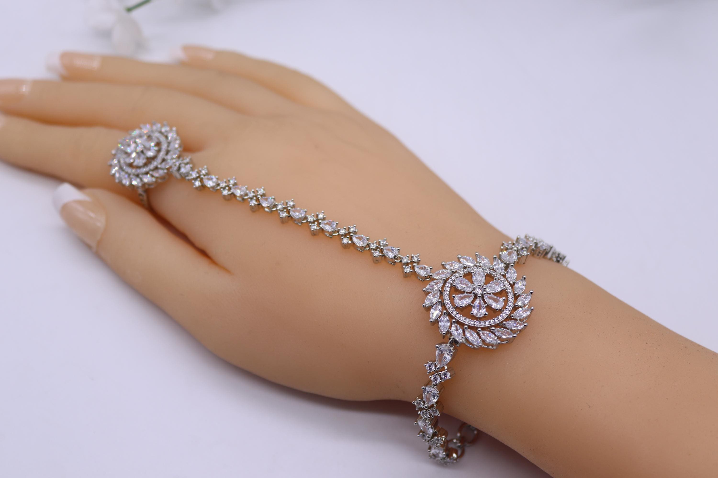 Silver CZ Hathphool: Wedding Hand Jewelry with Finger Bracelet