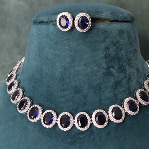 Bella Sapphire Blue CZ Necklace American Diamond Necklace Indian Jewelry Indian Necklace Pakistani Jewelry Necklace Set Bollywood Jewelry