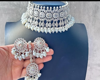 Silver Polki Choker Set with Earrings and Tikka: Indian Pakistani Bridal Jewelry