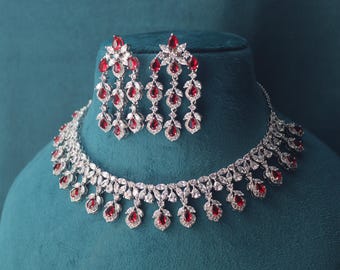 Ruby Red CZ Necklace and Earrings Set, White Rhodium Plated Brass, Wedding Jewelry