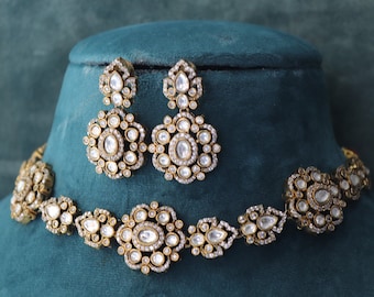 Victorian CZ Kundan Choker Necklace Set: Indian Jewelry