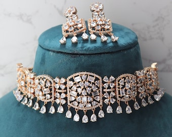 Princess Cut Rose Gold CZ Choker Necklace Set: Indian Bridal Jewelry
