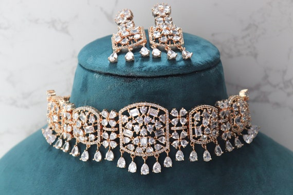 Princess Cut Rose Gold CZ Choker Necklace Set: Indian Bridal Jewelry