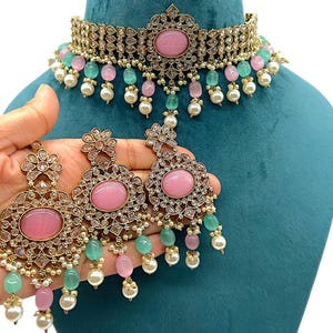 Pink Polki Choker Necklace Set: Indian Kundan Jewelry