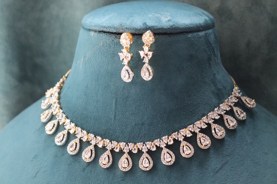 Risha Clear Gold CZ Necklace, Cubic Zirconia Necklace American Diamond Necklace, Indian Jewelry, AD Jewellery, AD Necklace Set,
