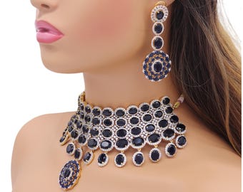 Blue Sapphire Cubic Zirconium Necklace/indian Necklace/indian