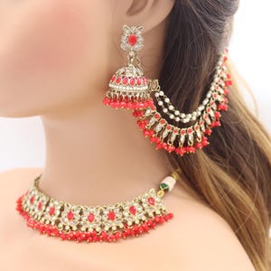 Red Polki Bridal Jewelry Set: Indian Wedding Necklace, Jhumka & Tikka
