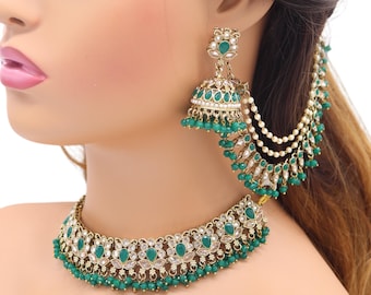 Jiva Green Polki Choker with Ear Chain: Indian Bridal Jewelry Set