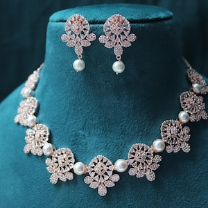 Rose Gold CZ Pearl Necklace Set: Indian Wedding Jewelry