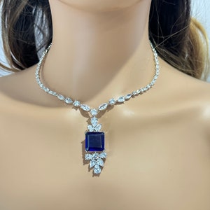 Stella Blue Pendant CZ Necklace, American Diamond Necklace, Indian Jewelry, Indian Necklace, Pakistani Jewelry, Statement Necklace, Blue