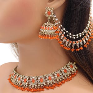 Jiva Orange Polki Choker Necklace with Jhumka Ear Chain & Tikka - Indian Bridal Jewelry, Pakistani Jewelry, Punjabi Wedding Jewelry