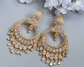 Gold CZ Chandelier Chaandbali Earrings: Indian Jewelry