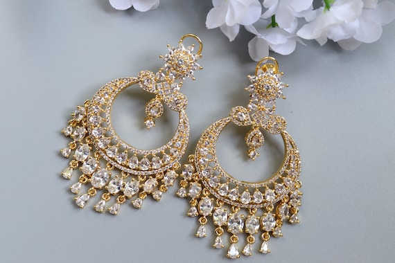 Gold CZ Chandelier Chaandbali Earrings: Indian Jewelry