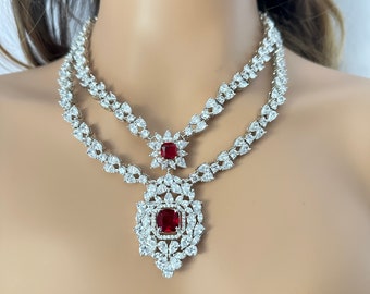 Mia Ruby CZ Layered Necklace, American Diamond Indian Jewelry