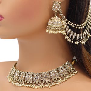 Conjunto de gargantilla y collar de polca dorada: joyería nupcial india con cadena para las orejas