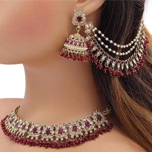 Jiva Maroon Polki Necklace Set with Earchain, Jhumka Earrings & Tikka - Bridal Jewelry Set, Wedding Necklace, Traditional Bridal Set