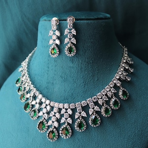 May Emerald Necklace, Silver Necklace, wedding Necklace, Diamond Necklace, American Diamond Necklace, Cubic Zirconia Necklace, Statement