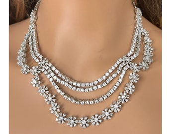 Set di collana da tennis a strati in argento – Gioielli da sposa floreali in cristallo – Collana da sposa con diamanti americani