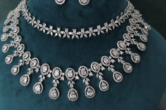 Two Layer CZ Necklace Set: White Rhodium Plated Indian