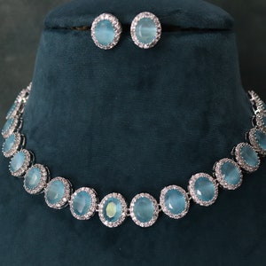 Aqua CZ Necklace Set: Silver American Diamond Indian Jewelry