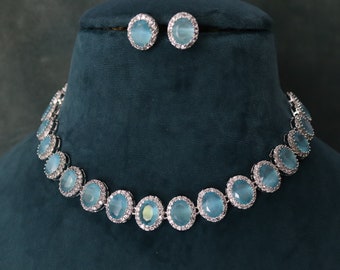 Aqua CZ Necklace Set: Silver American Diamond Indian Jewelry