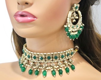 Conjunto de gargantilla Ziva Green Polki, joyería paquistaní india, Jhumka y Tikka