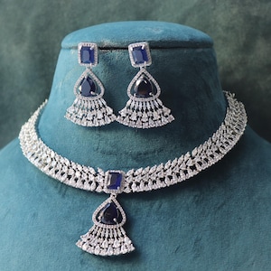 Blue CZ American Diamond Necklace Set: 18K Rhodium Brass Indian Jewelry