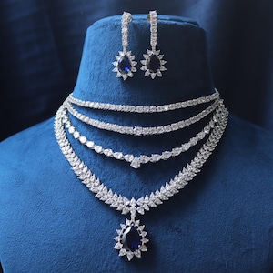 Blue American Diamond Necklace Set: Layered CZ Choker, Earrings
